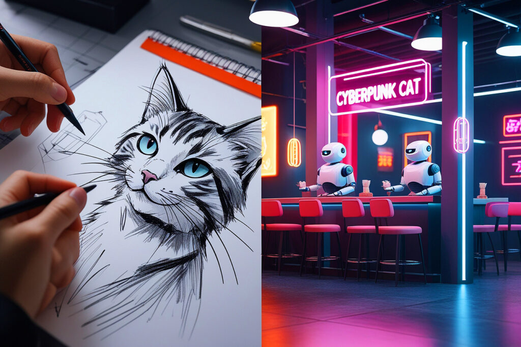 AI in 2025 as a creative partner: a designer’s sketch transforms into a polished cyberpunk café concept with AI collaboration
