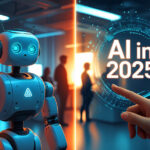 AI in 2025: A visual metaphor for AI’s evolution from isolated machines to seamless human collaboration in workplaces and daily life.