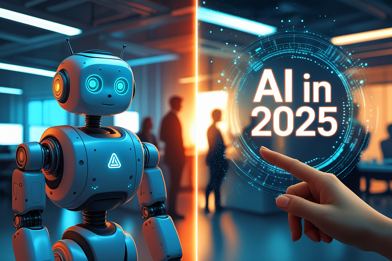 AI in 2025: A visual metaphor for AI’s evolution from isolated machines to seamless human collaboration in workplaces and daily life.
