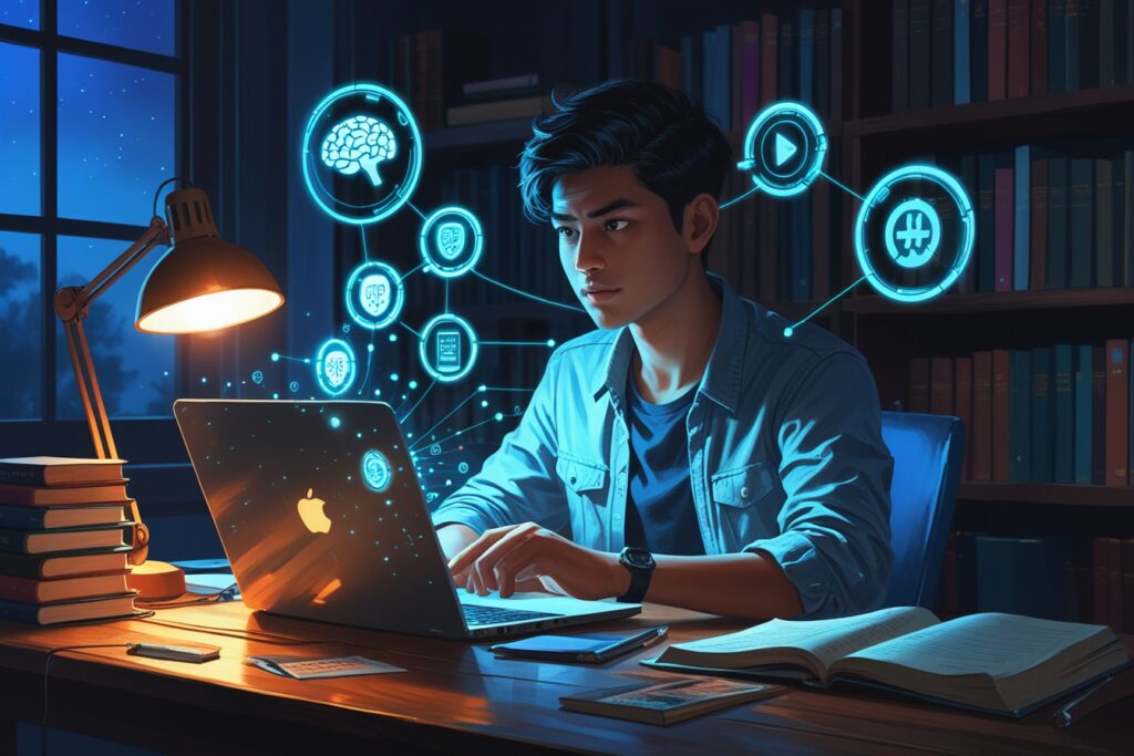 Student using free AI tools for academic success: holographic study assistant transforming late-night homework