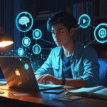 Student using free AI tools for academic success: holographic study assistant transforming late-night homework
