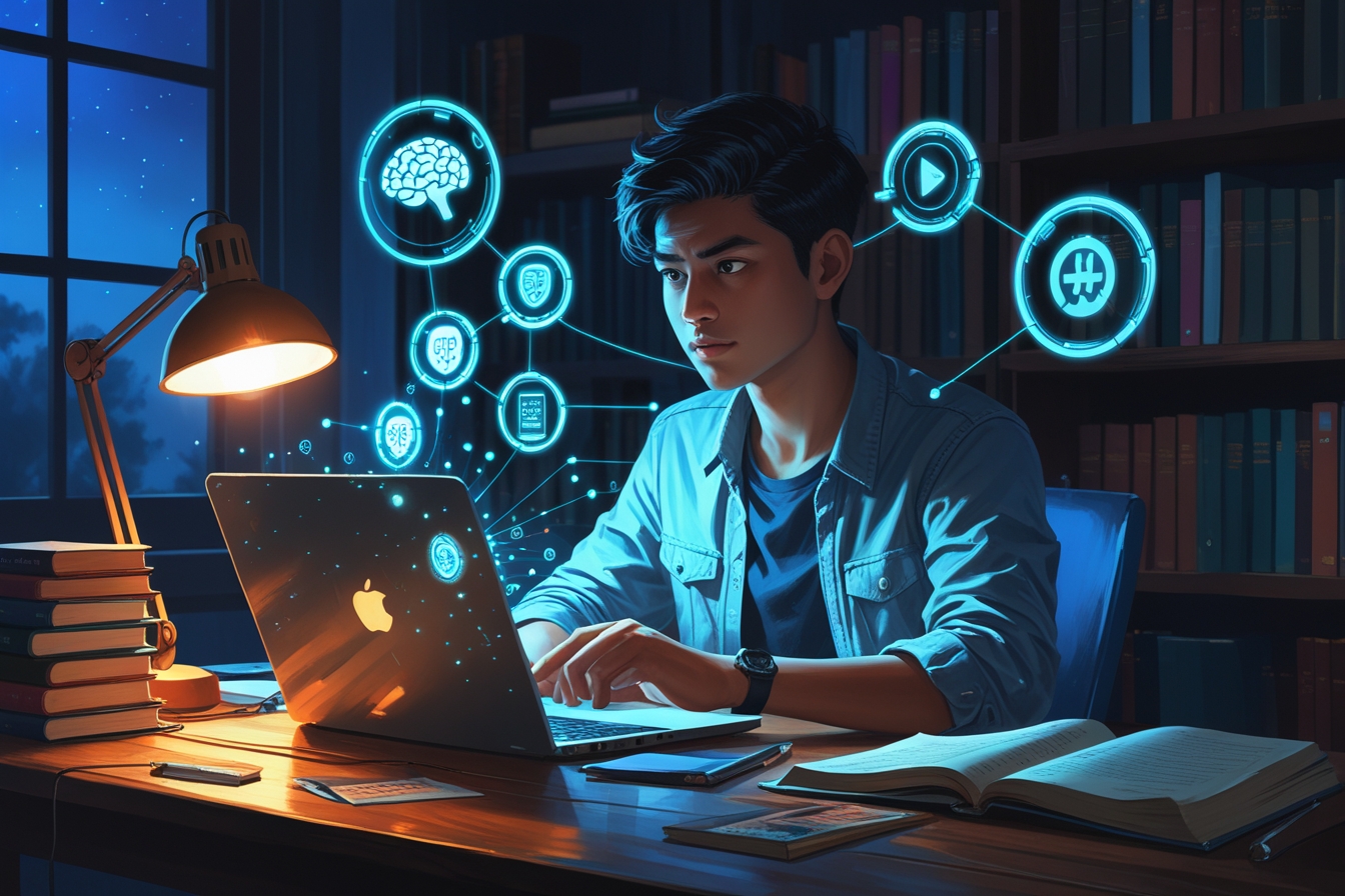 Student using free AI tools for academic success: holographic study assistant transforming late-night homework